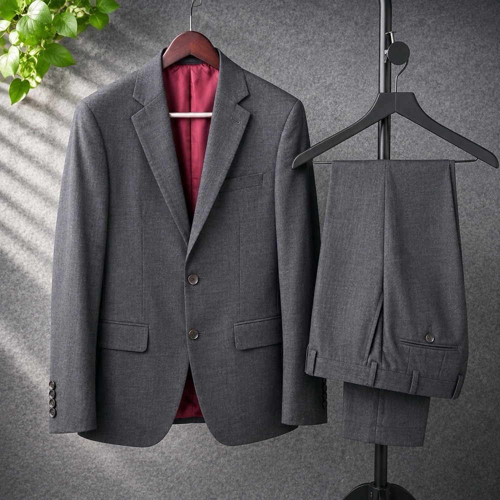 Spier & Mackay Suit Mens 36 Slim Gray Wool 2Piece Burgundy Lined Single Breasted